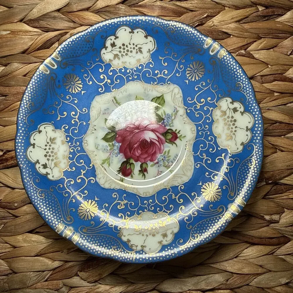 Vintage Hand Painted Japan Cobalt Blue Gold Gilt Tea Cup Saucer Rose Floral